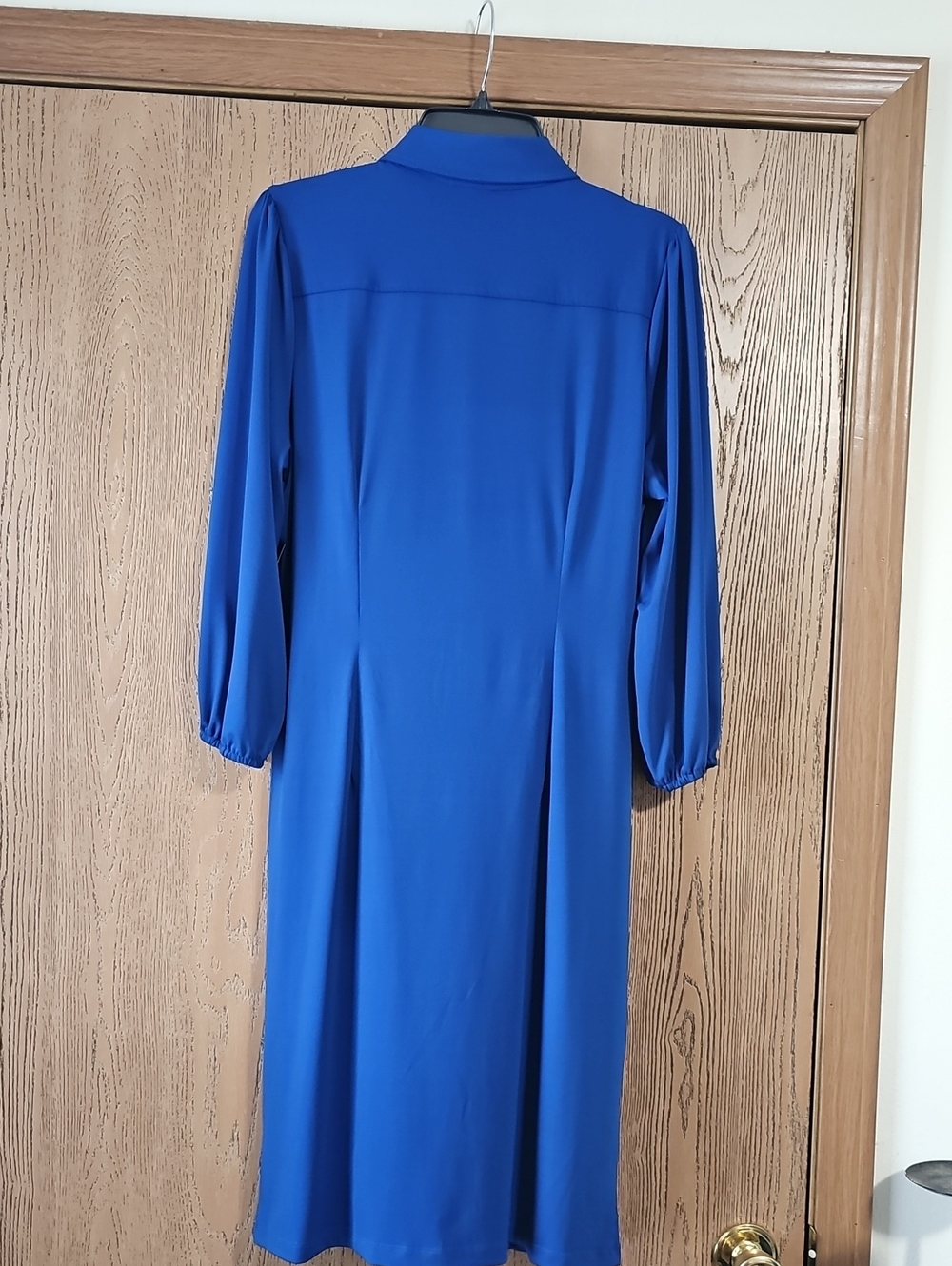 New York & Company Blue Ruched Button-Front Dress - Picture 3 of 6